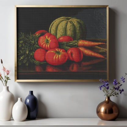 Still Life with Cantaloupe, Tomatoes, and Carrots Cross Stitch Pattern