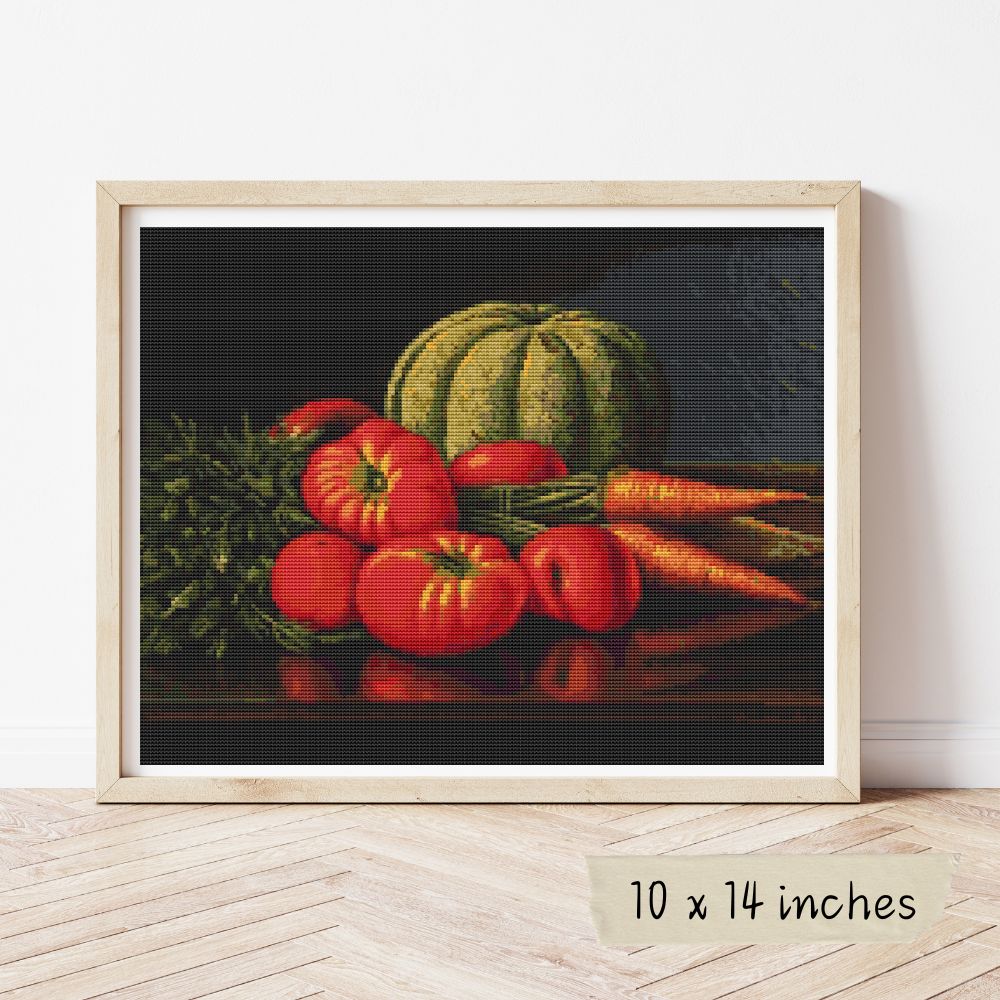 Still Life with Cantaloupe, Tomatoes, and Carrots Cross Stitch Kit | Levi Wells Prentice