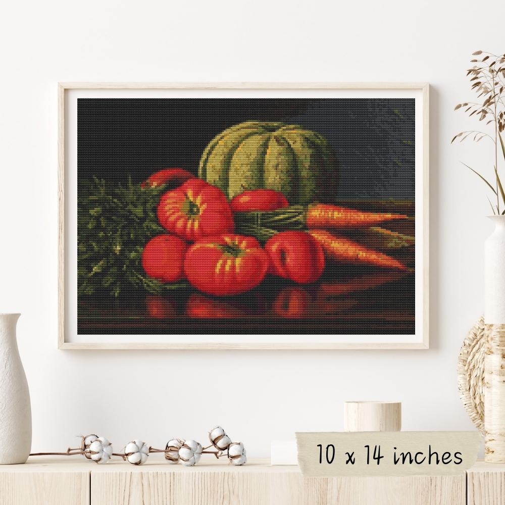 Still Life with Cantaloupe, Tomatoes, and Carrots Cross Stitch Pattern