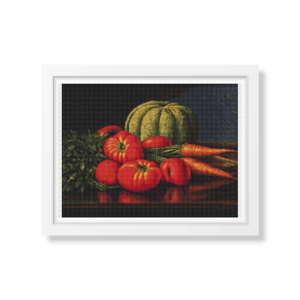 Still Life with Cantaloupe, Tomatoes, and Carrots Cross Stitch Kit | Levi Wells Prentice