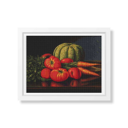 Still Life with Cantaloupe, Tomatoes, and Carrots Cross Stitch Pattern | Levi Wells Prentice