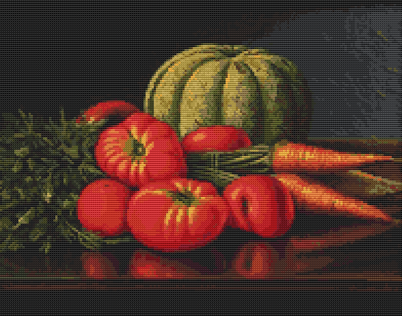 Still Life with Cantaloupe, Tomatoes, and Carrots Cross Stitch Pattern by Levi Wells Prentice