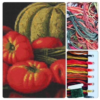Still Life with Cantaloupe, Tomatoes, and Carrots Cross Stitch Kit