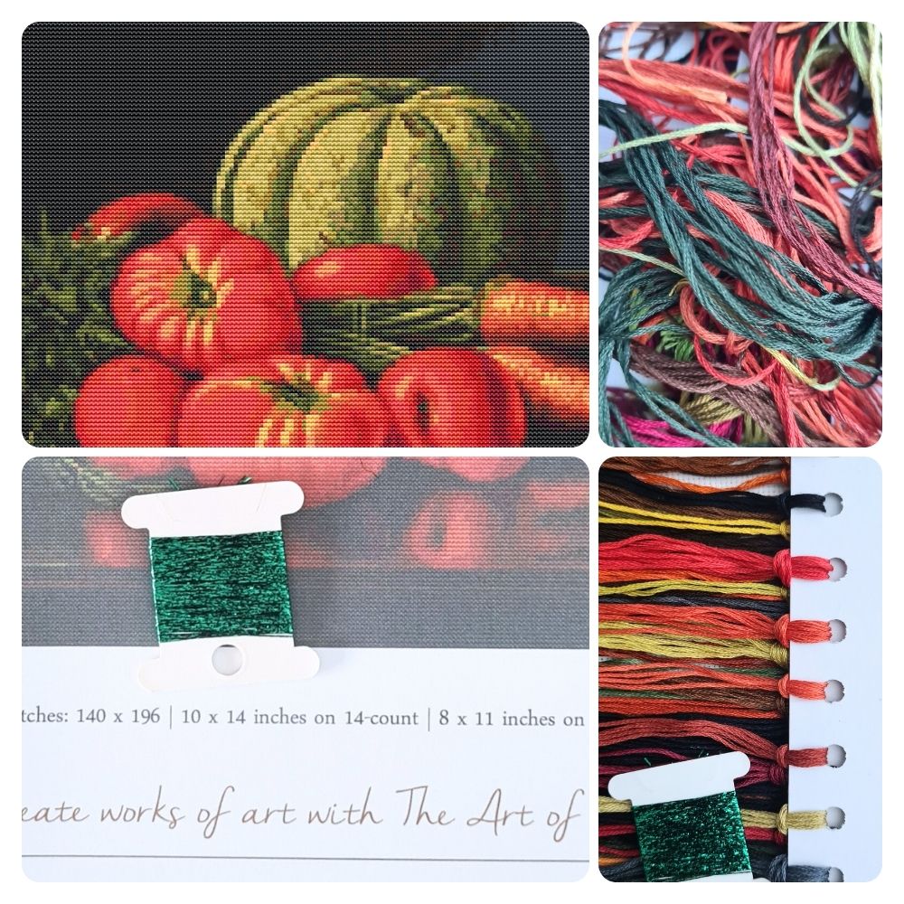 Still Life with Cantaloupe, Tomatoes, and Carrots Cross Stitch Kit | Levi Wells Prentice