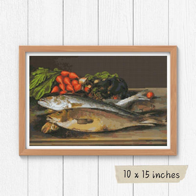Fish, Lobster and Radishes Cross Stitch Pattern