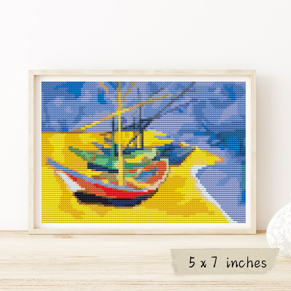 Boats on a Beach Mini Cross Stitch Pattern | Vincent Van Gogh