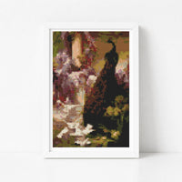 A Peacock and Doves in a Garden Mini Cross Stitch Pattern - Mini Cross Stitch Pattern - Eugene Bidau