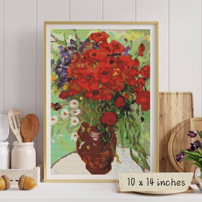 Red Poppies and Daisies Cross Stitch Pattern