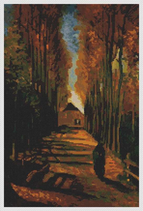 Avenue of Poplars at Sunset Counted Cross Stitch Pattern | Vincent Van Gogh