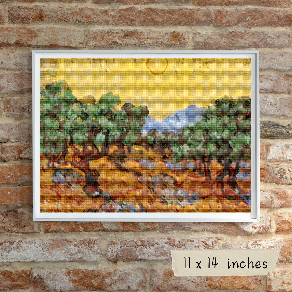 Olive Trees with Yellow Sky and Sun Cross Stitch Kit | Vincent Van Gogh