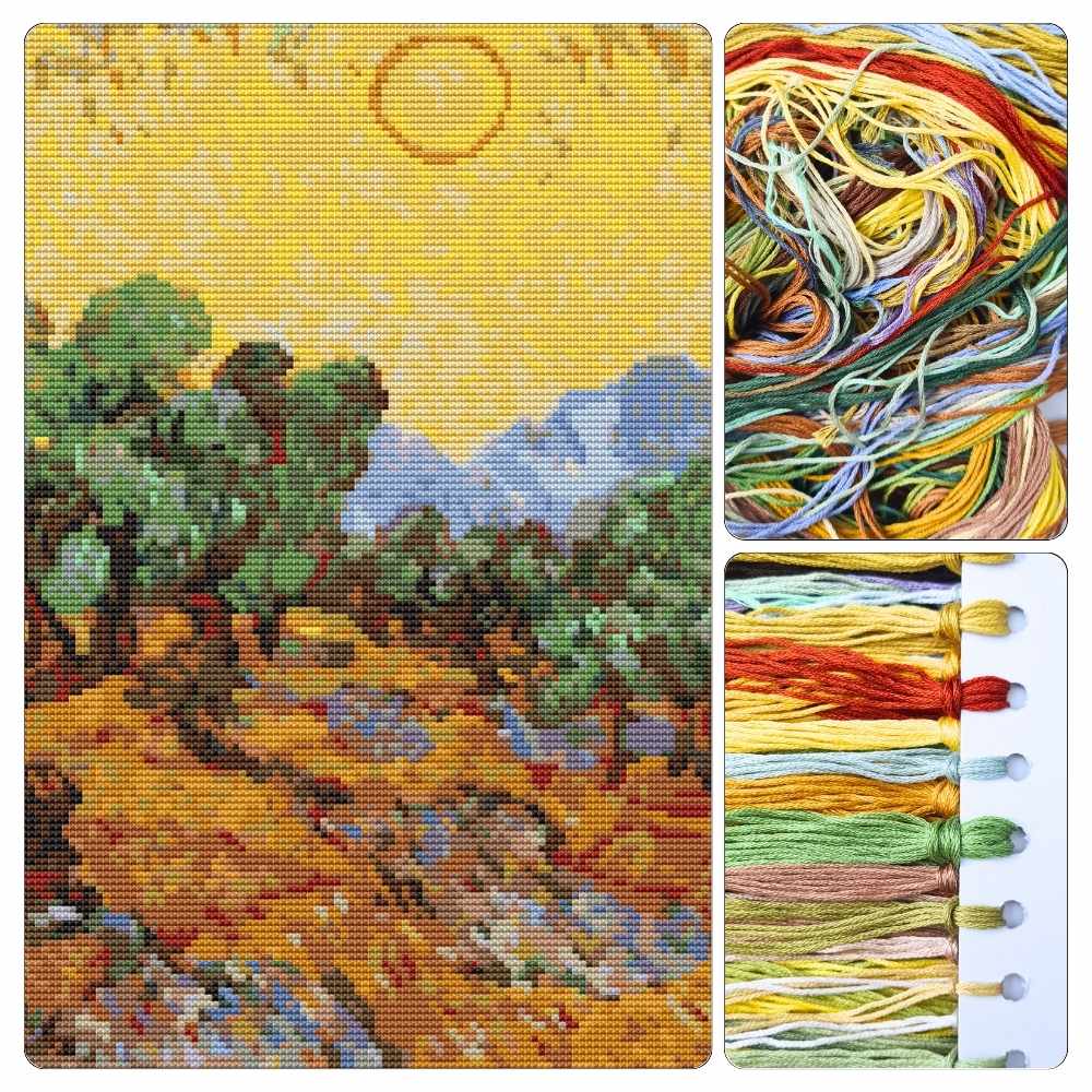 Olive Trees with Yellow Sky and Sun Cross Stitch Kit