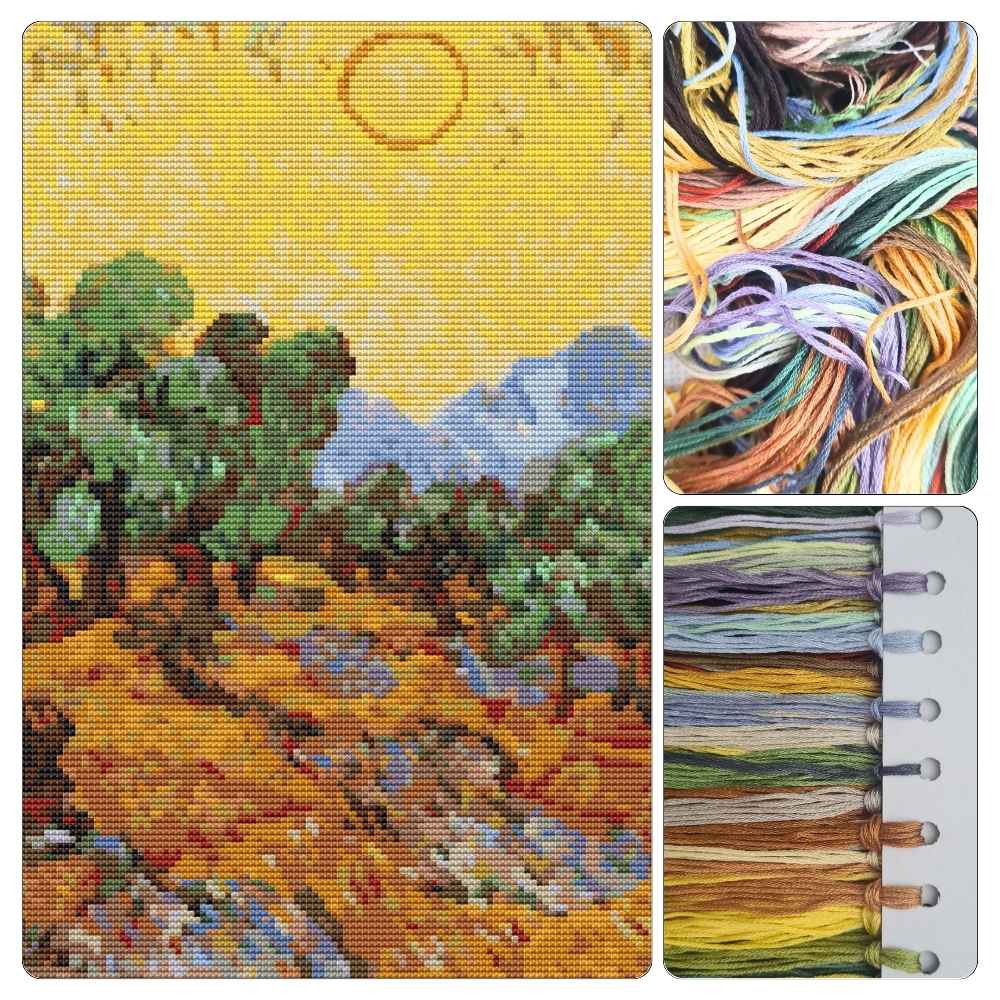 Olive Trees with Yellow Sky and Sun Cross Stitch Kit