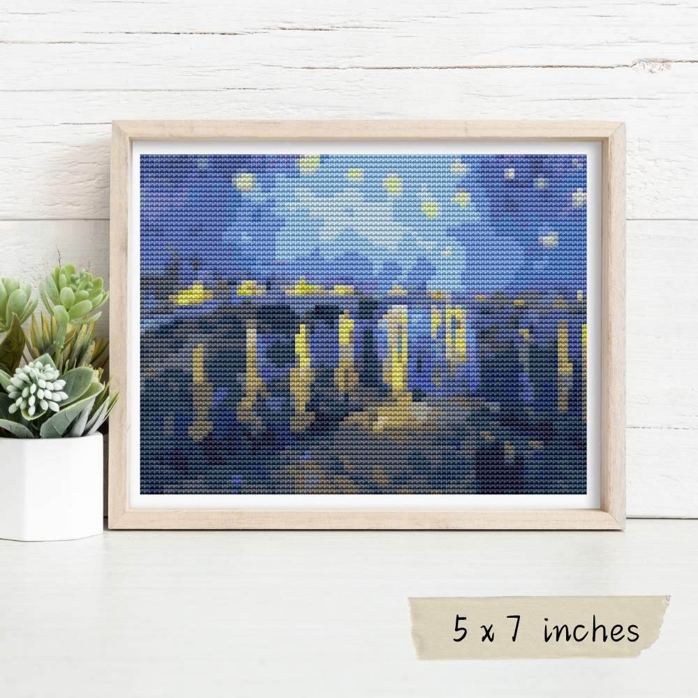 Starry Night over the Rhone Mini Cross Stitch Pattern by Vincent Van Gogh