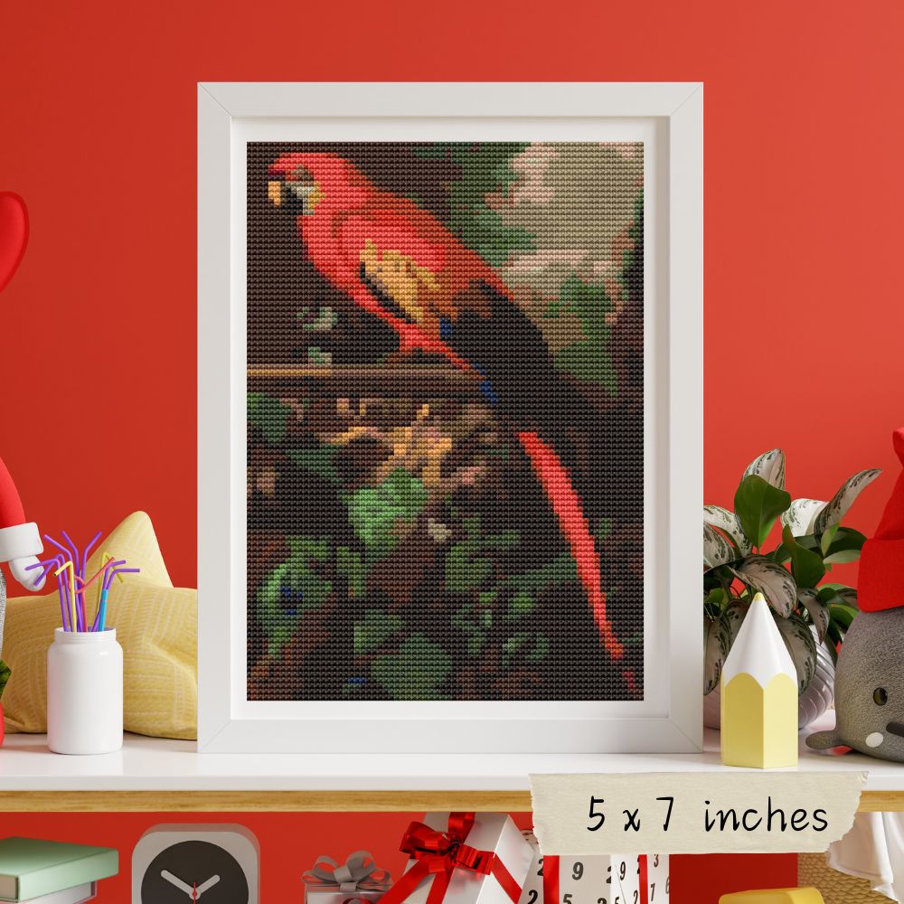 A Scarlet Macaw in a Landscape Mini Cross Stitch Kit | Jakob Bogdany