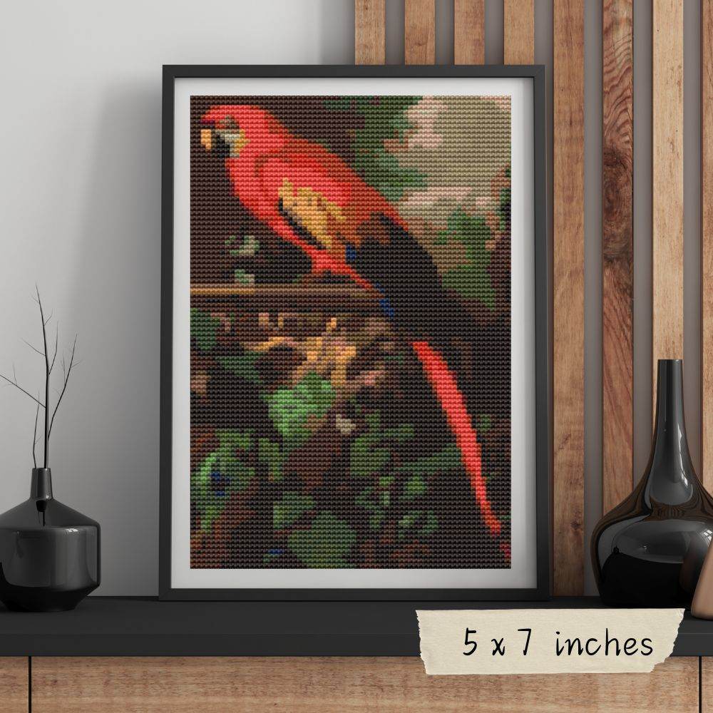 A Scarlet Macaw in a Landscape Mini Cross Stitch Pattern by Jakob Bogdany