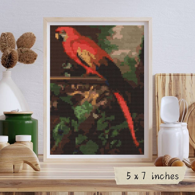 A Scarlet Macaw in a Landscape Mini Cross Stitch Pattern
