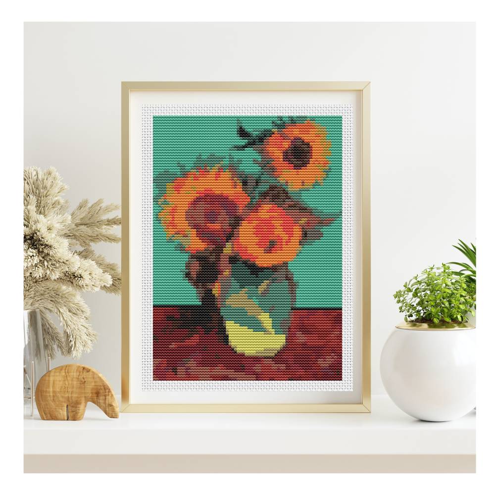 Vase with Three Sunflowers Mini Counted Cross Stitch Kit | Vincent Van Gogh